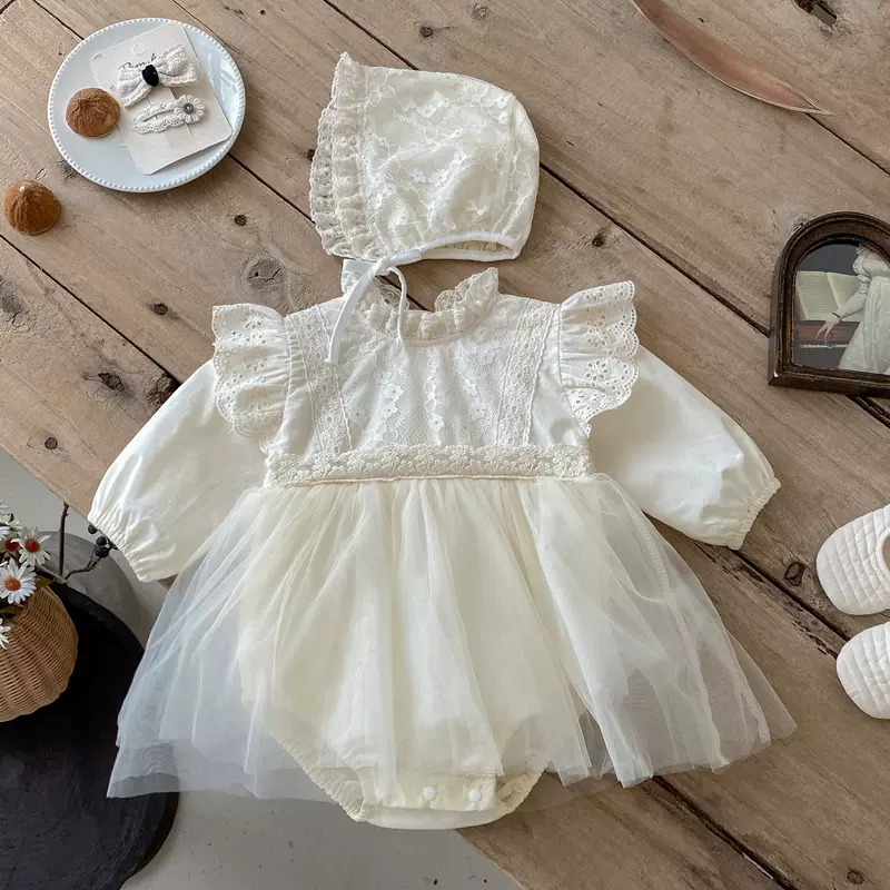 婴儿衣服2025秋季女童洋气包屁衣哈裙长袖网纱裙摆三角爬服+帽子