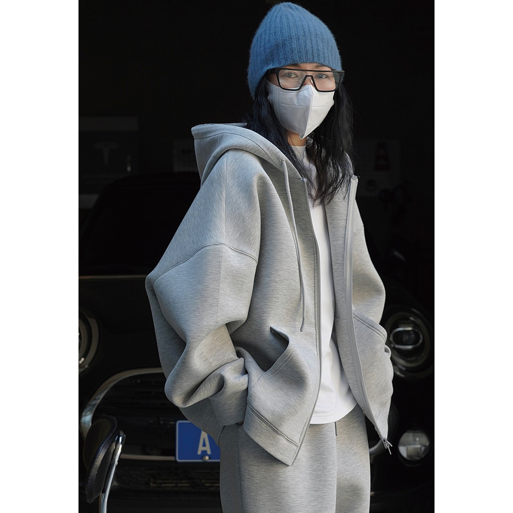 Early Autumn Korean Style Pure Color Silhouette Air Layer Hooded Cardigan Sweatshirt Korean Style Loose Casual Zipper Jacket for Women