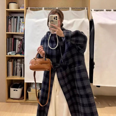 2025年秋冬季新款连帽格子双面羊毛大衣女宽松百搭长款秋冬外套女