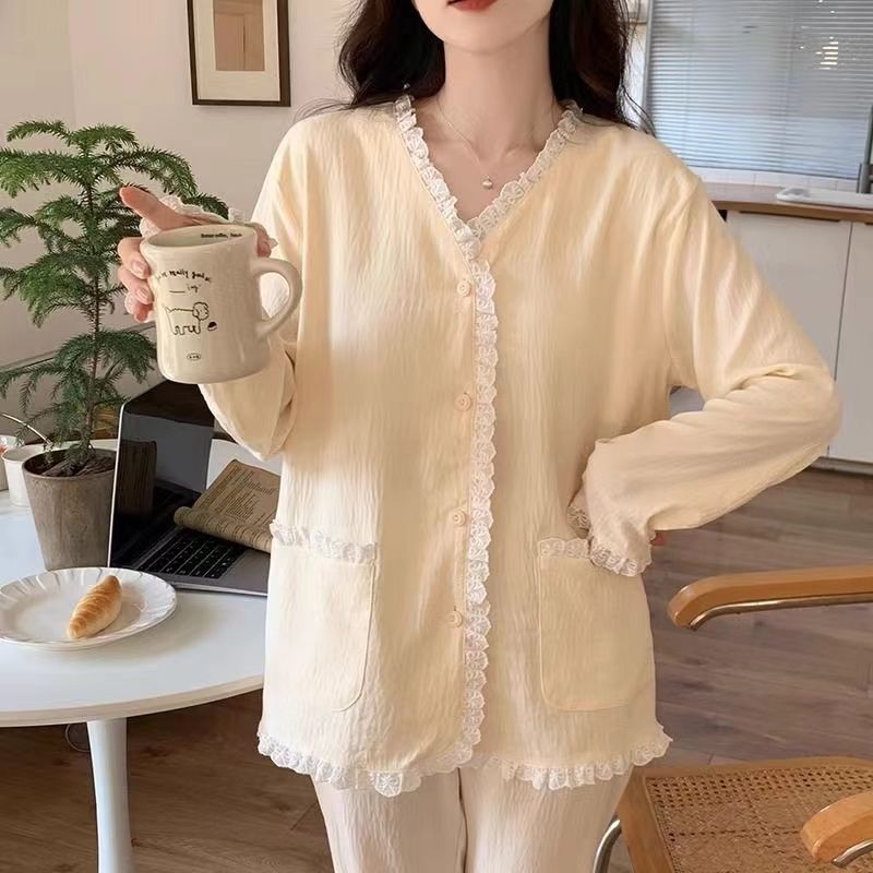 Venta al por mayor transfronteriza con almohadilla para el pecho Nubes de algodón Pijamas de primavera y otoño Pantalones de manga larga para mujer Nuevo estilo Cárdigan de encaje dulce Servicio a domicilio