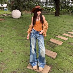 美式重工水洗牛仔裤女2025年秋季新款高腰宽松显瘦直筒阔腿拖地裤