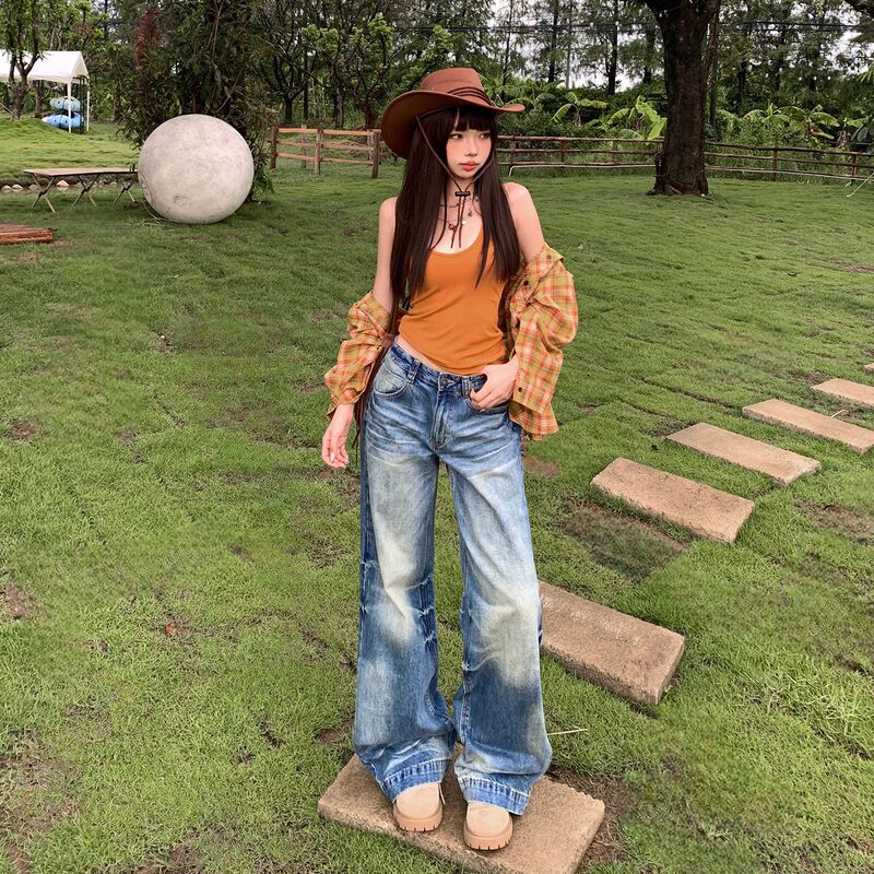 美式重工水洗牛仔裤女2025年秋季新款高腰宽松显瘦直筒阔腿拖地裤|undefined