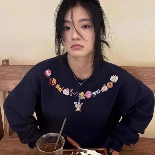 美式复古高街圆领无帽卫衣女春秋oversize秋冬加绒设计感长袖上衣