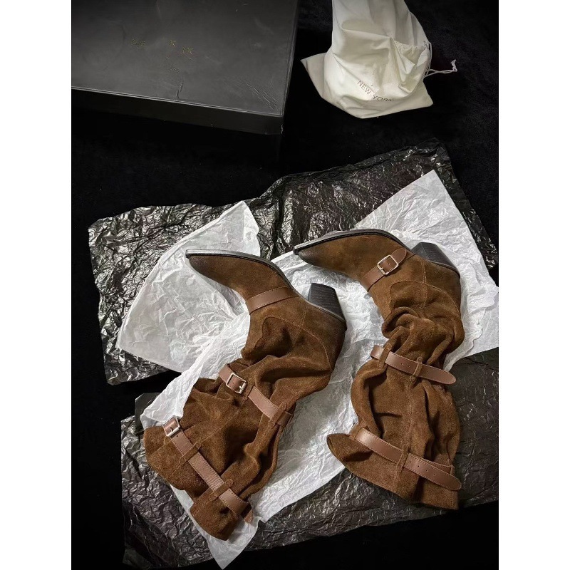 牛皮版尖头堆堆靴小众设计复古西部牛仔靴粗跟辣妹时髦感长筒靴女|undefined