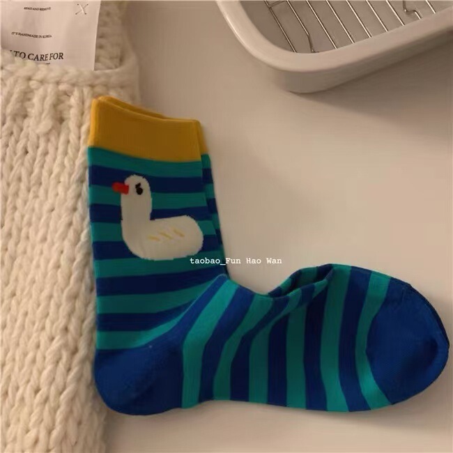 Cute Duck Duck New Cartoon Doll Socks Japanese Style Illustration Cute Striped Slouch Socks Quirky Embroidered Cotton Socks
