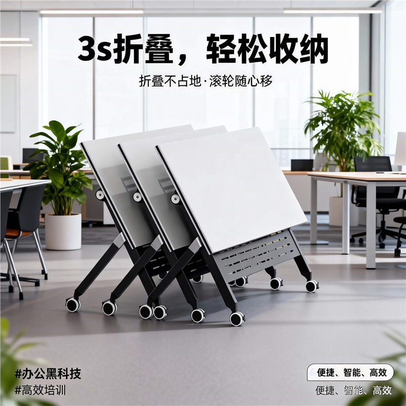 Folding training table and chair set, can be combined and extended, mobile long table with wheels, multifunctional office conference table Folding training table and chair set, can be combined and extended, mobile long table with wheels, multifunctional office conference table
