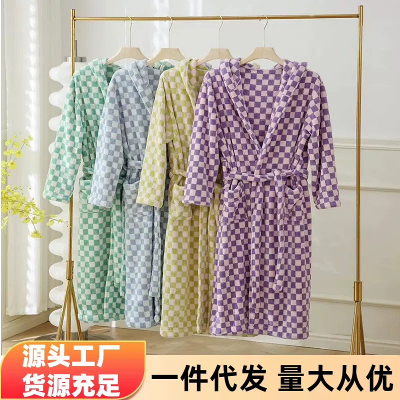批发新款复古棋盘格带帽浴袍加厚珊瑚绒中长款成人居家服睡袍浴衣