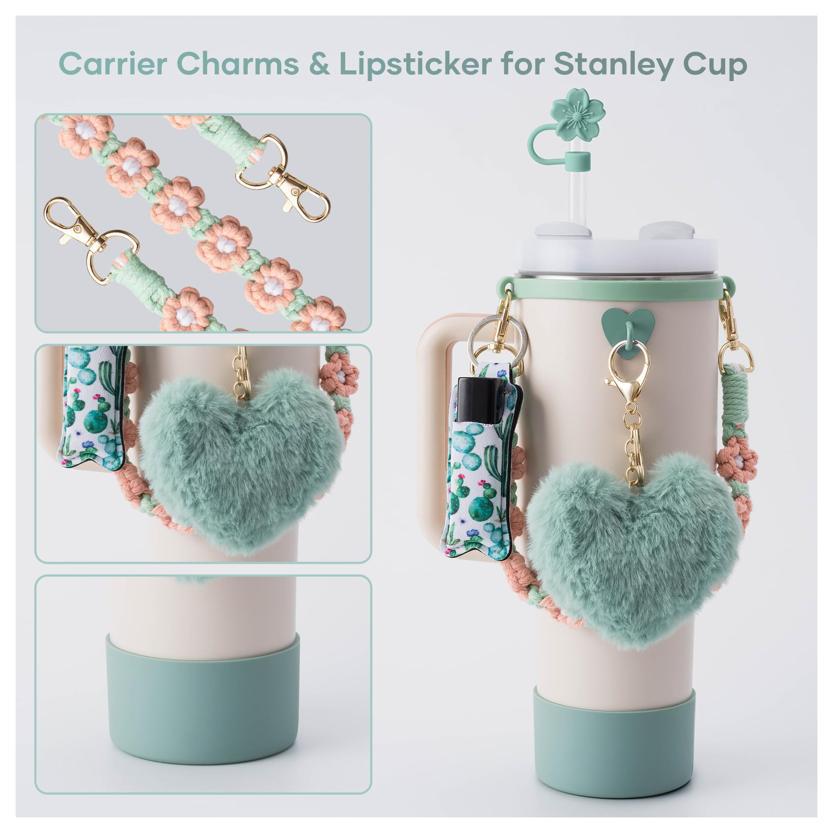 Juego de tapa de pajita de resina accesorios de taza Stanley I correa de mango de botella botas de taza de silicona soporte de lápiz labial llave linda