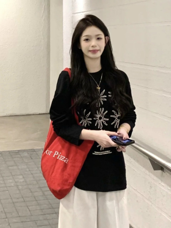 韩系太阳花印花慵懒感长袖T恤女春季打底衫上衣|undefined