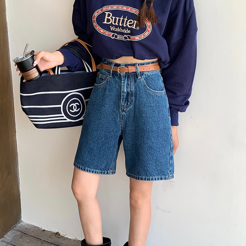 Youmanti Jeans European Retro Slim-Fit Denim Shorts for Women, High-Waisted Loose Straight-Leg Five-Point Pants, Stretchy Mid-Length Pants
