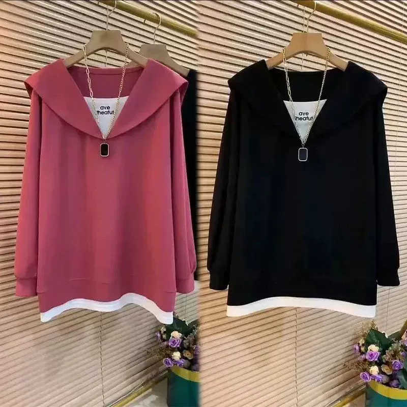 Женская модная футболка из двух частей с длинными рукавами больших размеров, женская весенне-осенняя новинка, свободный универсальный топ для похудения и прикрывающий тело.