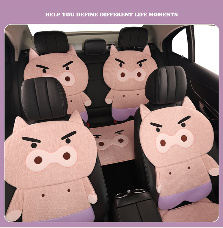 2026 New Cartoon Piggy Coarse Linen Car Seat Cushion, Universal for All Seasons, Multi-Piece Set for Single Seat, Original Factory Direct Shipment