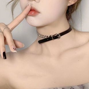 Sweet Cool Leather Choker Black Belt Buckle Necklace Women's High Fashion Accessories chocker Collar Metal