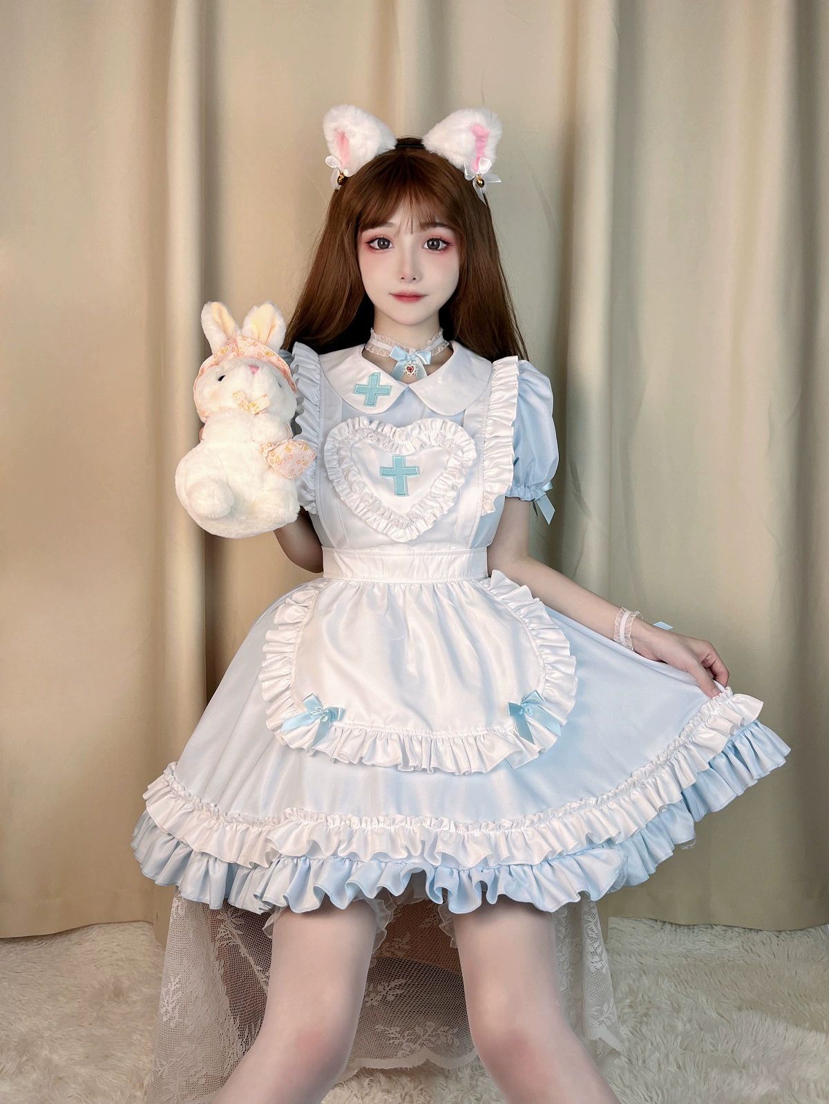 Короткое платье-Lolita набор, японский сливочно-кавайный косплей, фартук и головной убор, размеры S–XL