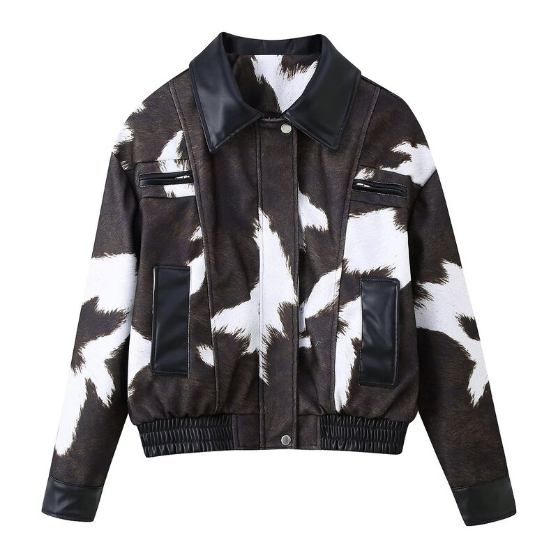 Foreign Trade Wholesale Autumn New European and American Style Cow Pattern Printed Leather Short Jacket Jacket