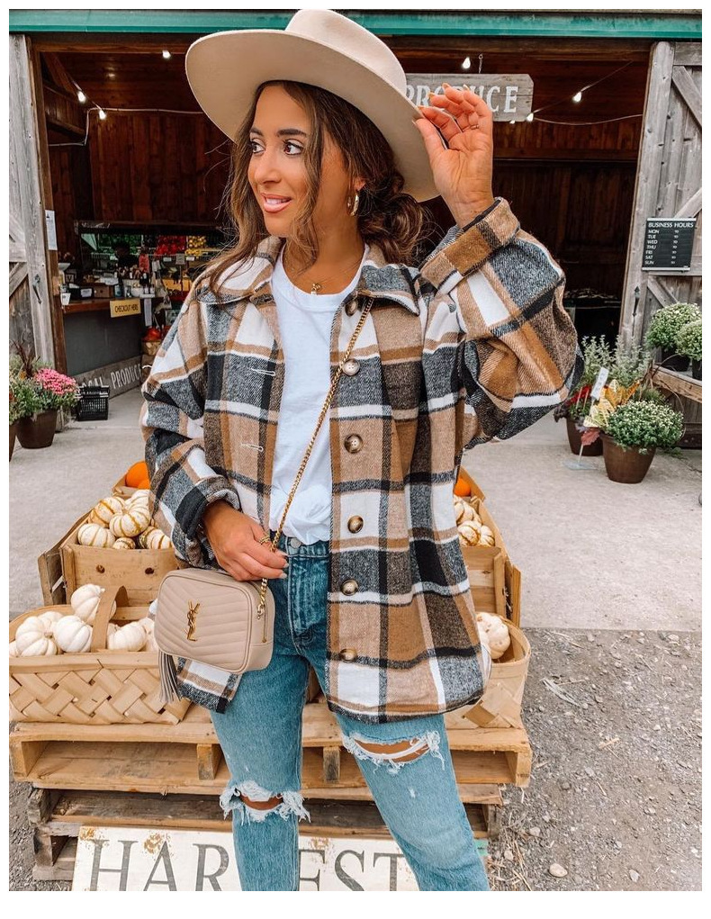 long-sleeved lapel loose plaid shirt mid-length jacket wholesales nihaostyle clothing NSXPF70316