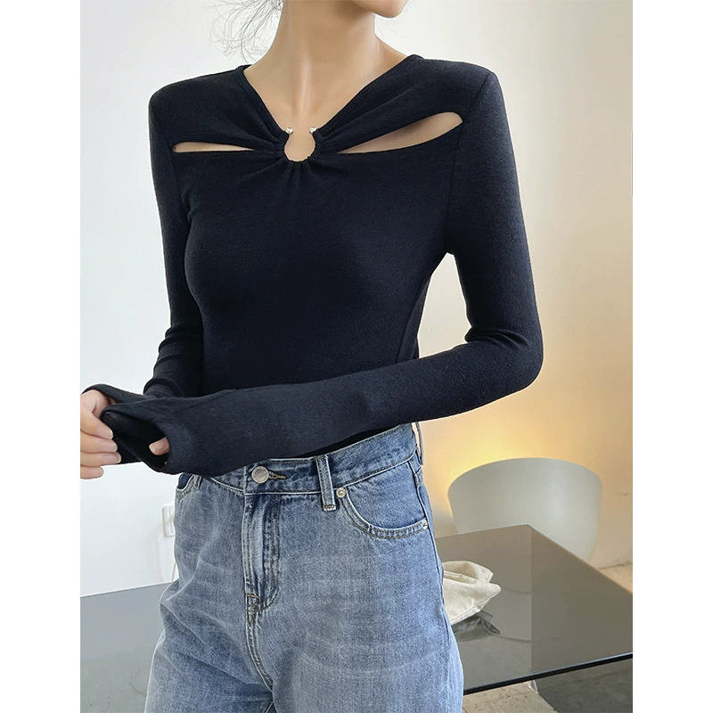 Ранняя осень, новинка, модная элегантная футболка с металлической пряжкой на груди, утягивающий топ