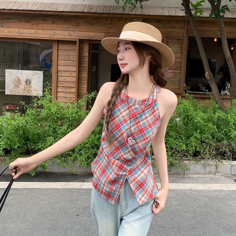 Cross-Border Foreign Trade Contrasting Plaid Halterneck Vest for Women in Summer with Irregular Design, Slimming Sleeves and Trendy Tops Cross-Border Foreign Trade Contrasting Plaid Halterneck Vest for Women in Summer with Irregular Design, Slimming Sleeves and Trendy Tops
