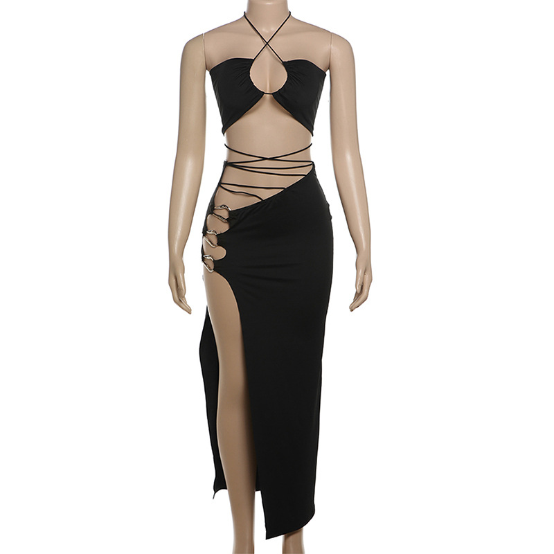 Autumn Winter Women Clothing Sexy Halter Backless Camisole Hollow Out Cutout Split Skirt Set Women
