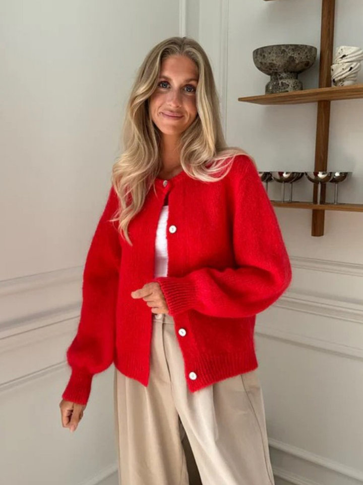 Áo cardigan len dệt kim dáng mỏng nhẹ cài nút một hàng, tay dài cổ tròn nữ — hoa hồng đỏ, màu be, màu cam, màu hoa cà chi tiết 41