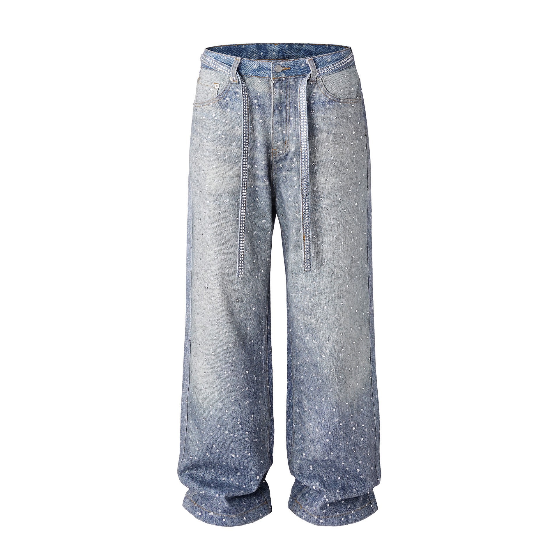 Women's High-Waisted Straight Leg Jeans Full Diamond Washed Denim Loose Fit European And American Style_mkmklike.com