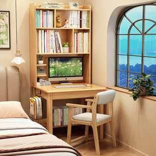 Solid Wood Children's Desk Bookshelf Integrated Student Home Writing Desk Small Apartment Simple Computer Desk Bedroom Study Table