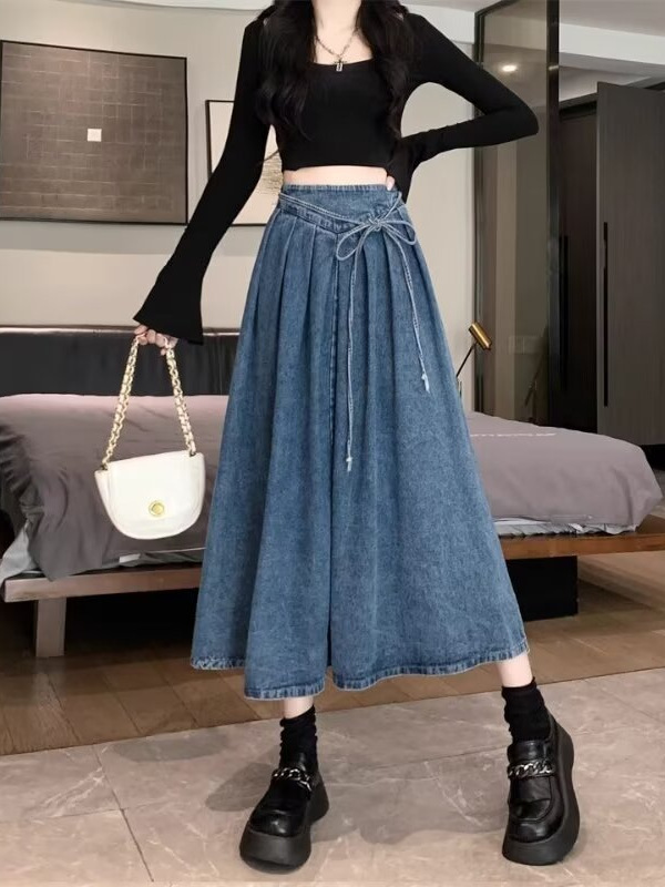 女性用ストラップ付きデニムスカート、夏の新しいスタイル、伸縮性のあるハイウエストレースアップAラインプリーツスカート、股をカバーする大きな裾のロングスカート|undefined