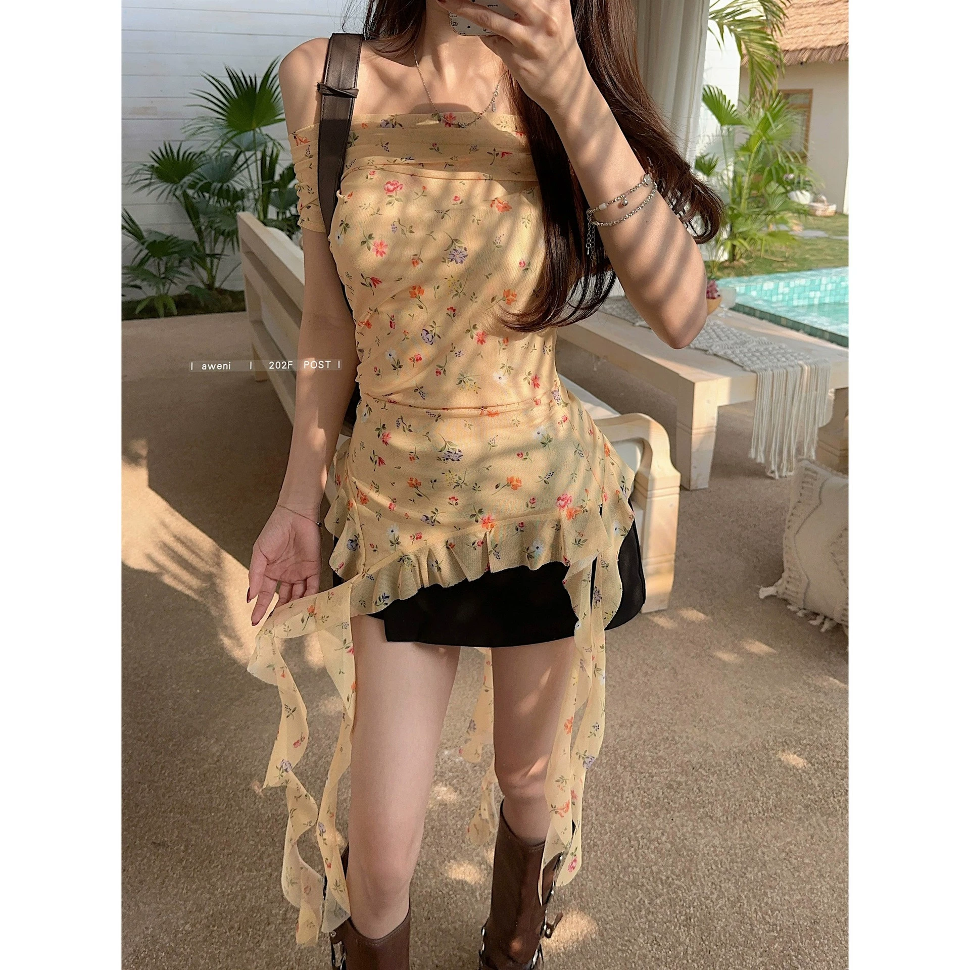 Летняя горячая девушка ретро-букет на плечах топы с цветочным нерегулярным темпераментом Французская рубашка оранжевая Другие воротники