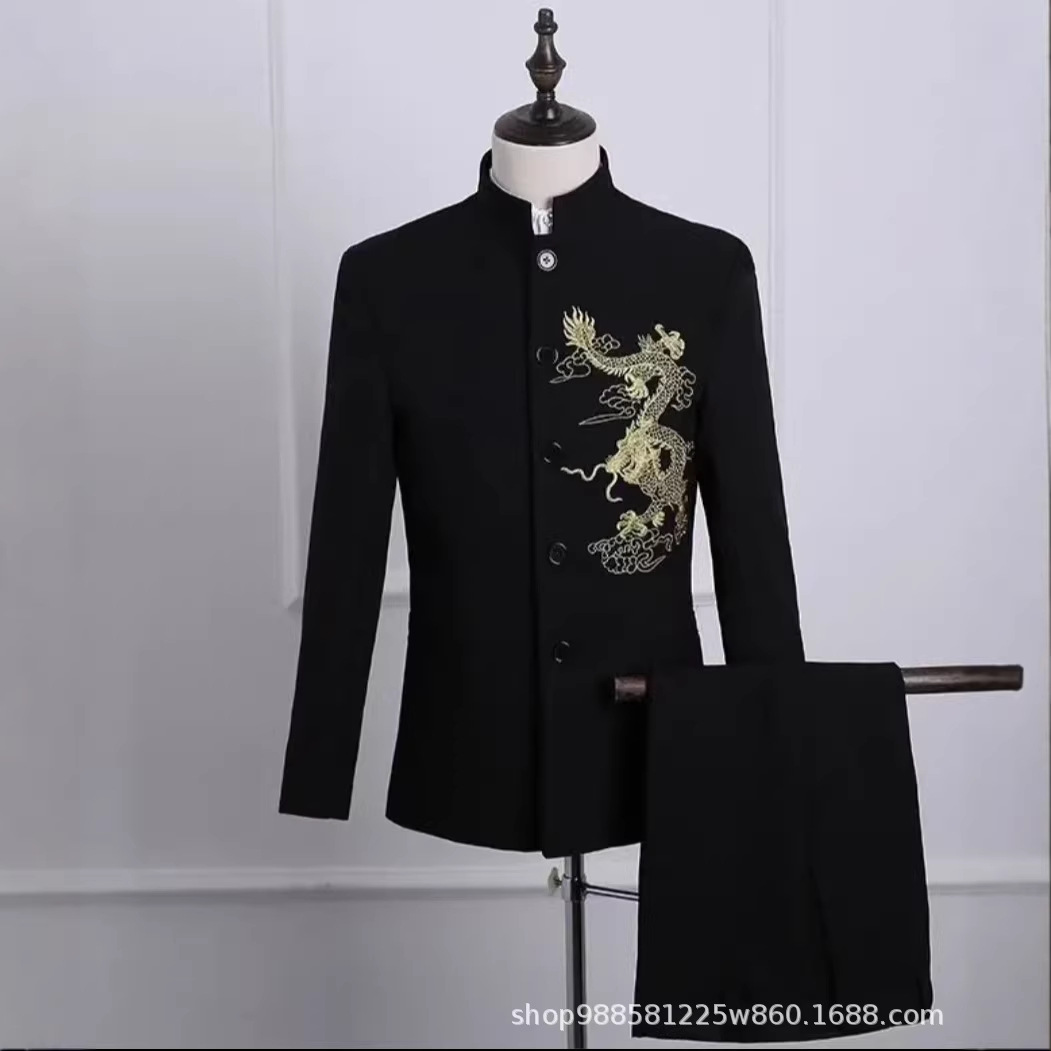中山装刺绣龙款纯色演出服男士庆典合唱朗诵比赛年会主持经典套装