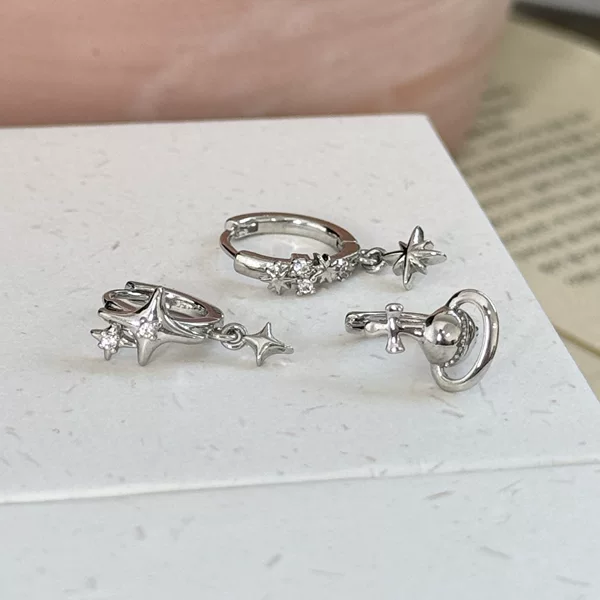Elegant Classic Saturn Four-Pointed Star Pendant Zircon Design Ear Cuff Hoop Earrings Sweet Cool Style Daily Versatile Ear Jewelry