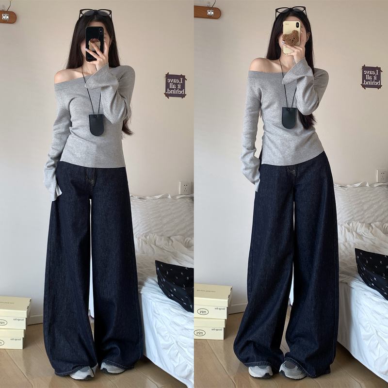 Summer American-Style Dark Blue Curved Hem Jeans for Women, Loose Wide-Leg Denim Pants, High-Waisted Slimming Pants for Women