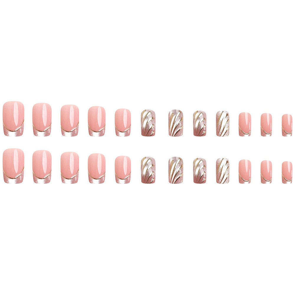 Uña de manicura, uso de uñas transfronterizas, explosión media y larga, ojos de gato franceses, oro, 24 piezas de uñas falsas, parche rosa desnudo