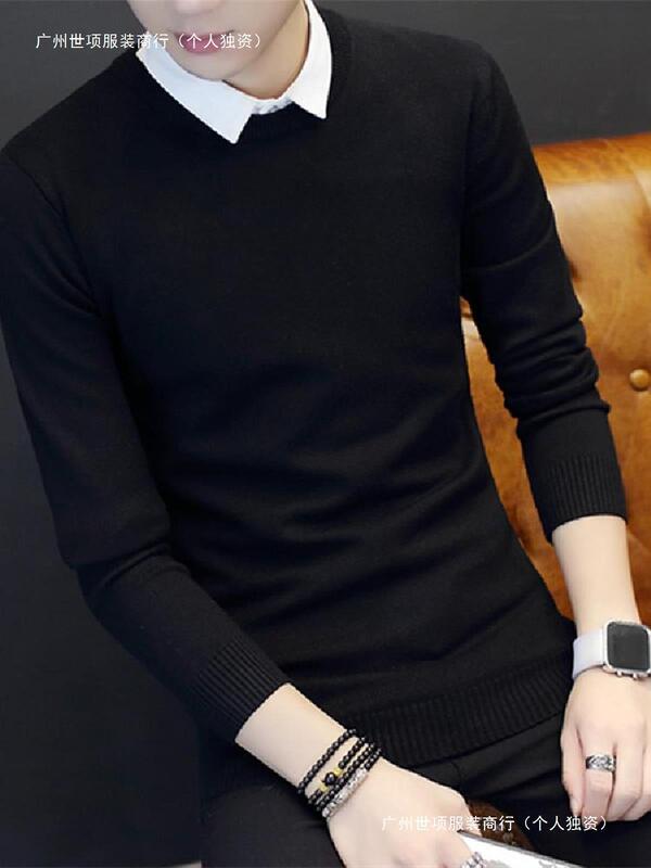 fleece-lined Thickened Sweater Men's Winter 2024 New Korean Style Fake Two-piece Inner Shirt Collar Led Base Knit