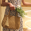 Straw handheld purse from pearl with tassels, fashionable beach bag strap, braid, new collection