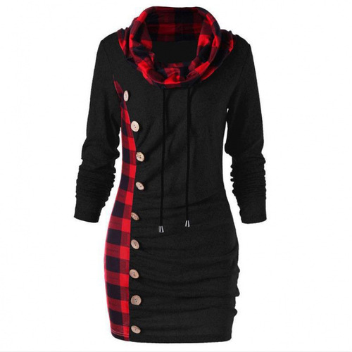 2025 AliExpress Independence Station Foreign Trade Autumn and Winter Women's Fashion Plaid Stitched Button Decorative Bag Hip Sweater