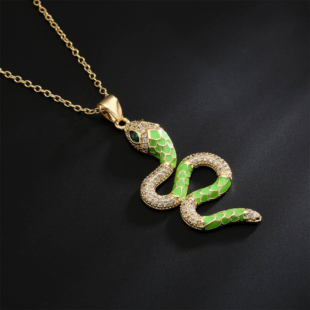 Fashion copper 18k gold color drip oil zircon snake pendant necklace
