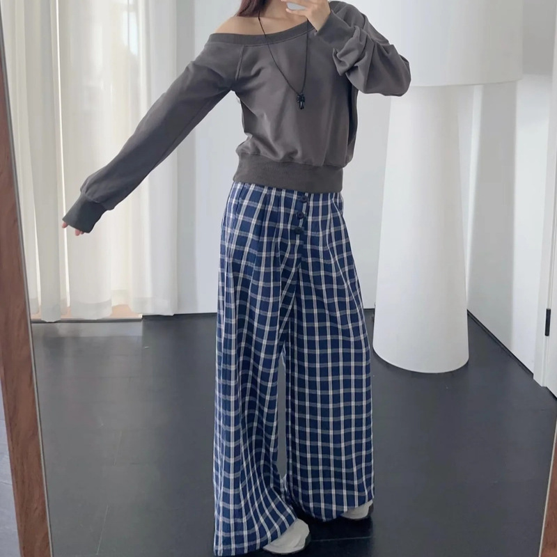 Celebrity Same Style Lazy Style Casual suit Women's 24 New Arrival Long-Sleeved Sweat with Four-Button Wide-Leg Plaid Pants