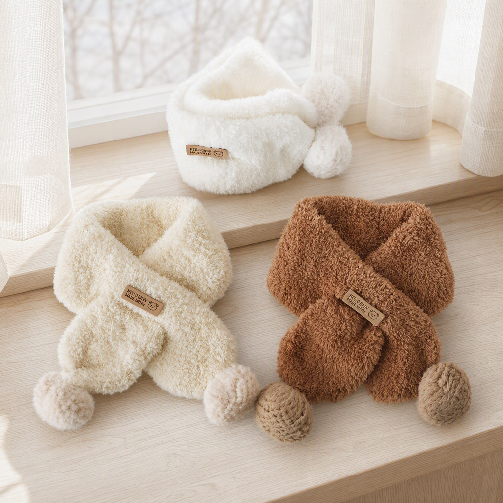2026 Winter Children's Scarf Warm Plush Pom-Pom Neck Warmer for Boys and Girls Outdoor Versatile Trendy Knitted Neck Gaiter