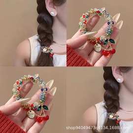 韩版水钻彩色樱桃水晶手链两用发圈女发绳扎马尾皮筋闺蜜头饰头绳