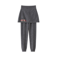 山羊绒女宝宝假两件一体裙裤中大童纯色打底裤可外穿可爱刺绣设计