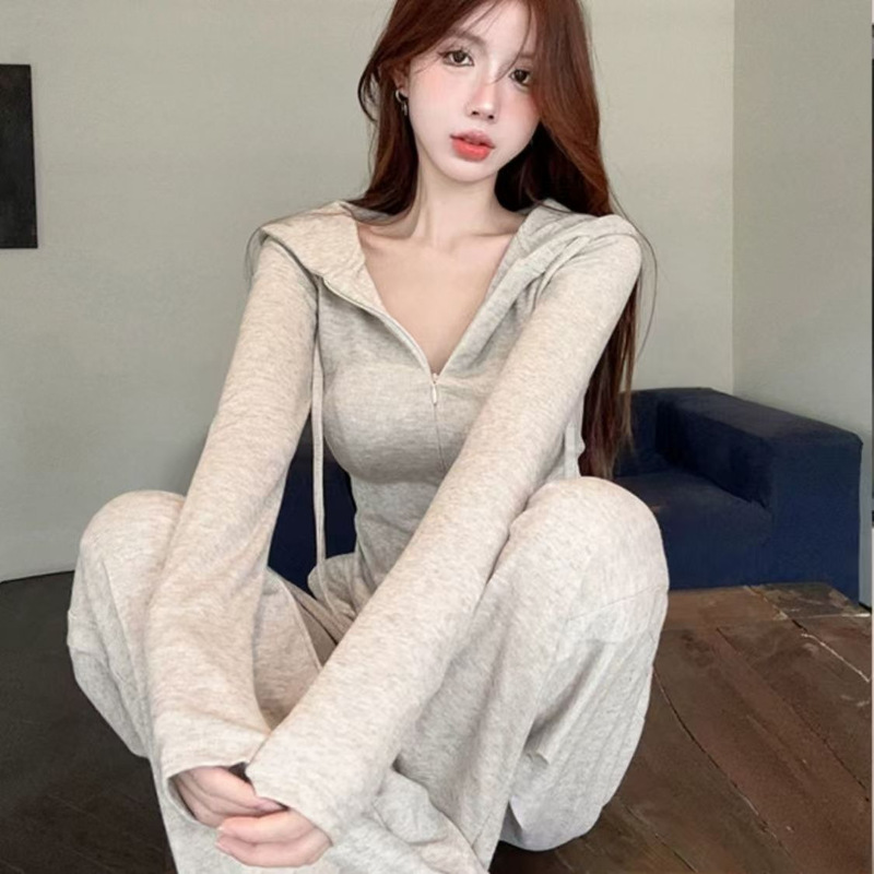 Wide Leg Pants Casual suit Women's Spring and Autumn Sweater Hooded V-Neck Top Cardigan Sports Two-Piece Fashionable Wide Leg Pants Casual suit Women's Spring and Autumn Sweater Hooded V-Neck Top Cardigan Sports Two-Piece Fashionable