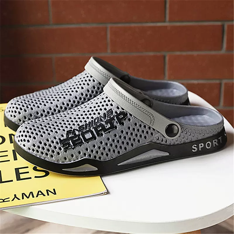 夏季新款包头两用凉鞋沙滩鞋老人防滑软胶工作时尚男士洞洞凉拖鞋