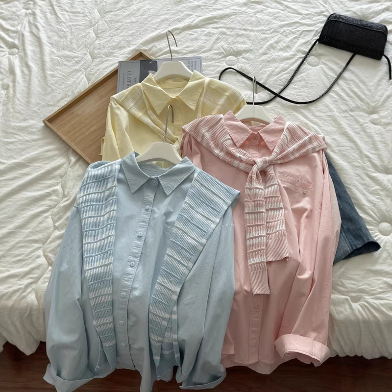 Tiktok Hot-Selling Autumn Versatile Loose Simple Retro Striped Knit Shawl and Shirt Two-Piece Set 6710 Tiktok Hot-Selling Autumn Versatile Loose Simple Retro Striped Knit Shawl and Shirt Two-Piece Set 6710