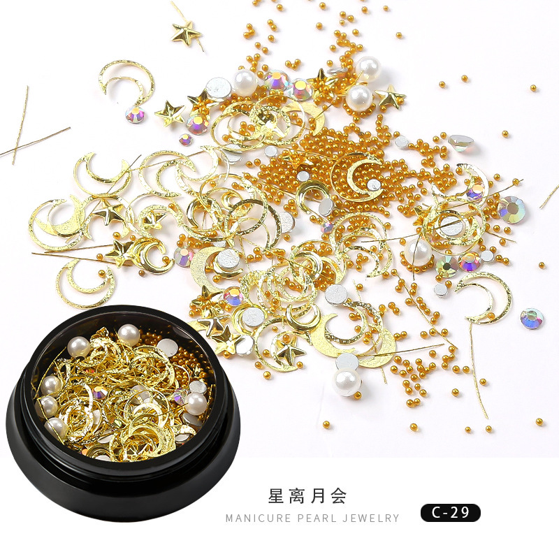 Comercio exterior nueva manicura estrella Luna joyería mixta Caja Popular cobre ronda remache lentejuelas uñas diamante decoraciones belleza