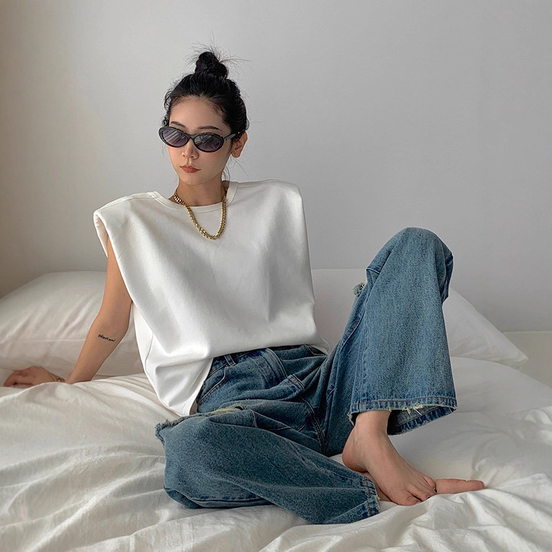 Cross-Border Summer Style Right-Angle Shoulder Pad Sleeveless T-Shirt for Women, Unique Loose Casual White Vest Top Cross-Border Summer Style Right-Angle Shoulder Pad Sleeveless T-Shirt for Women, Unique Loose Casual White Vest Top