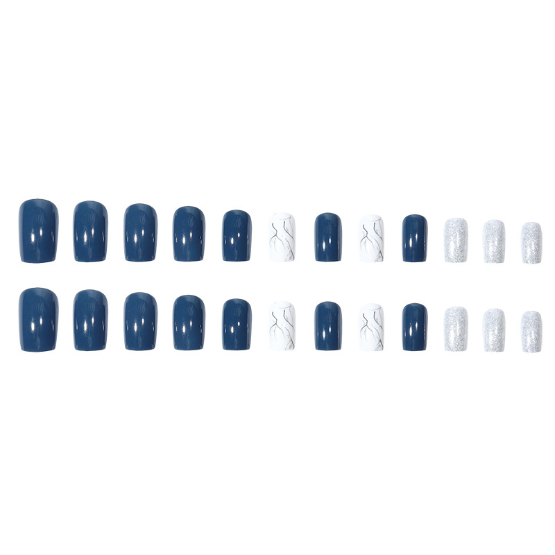 Marbling brillo de media longitud cuadrada desgaste de la cabeza uñas neblina azul plata fototerapia etiqueta engomada usable uñas postizas