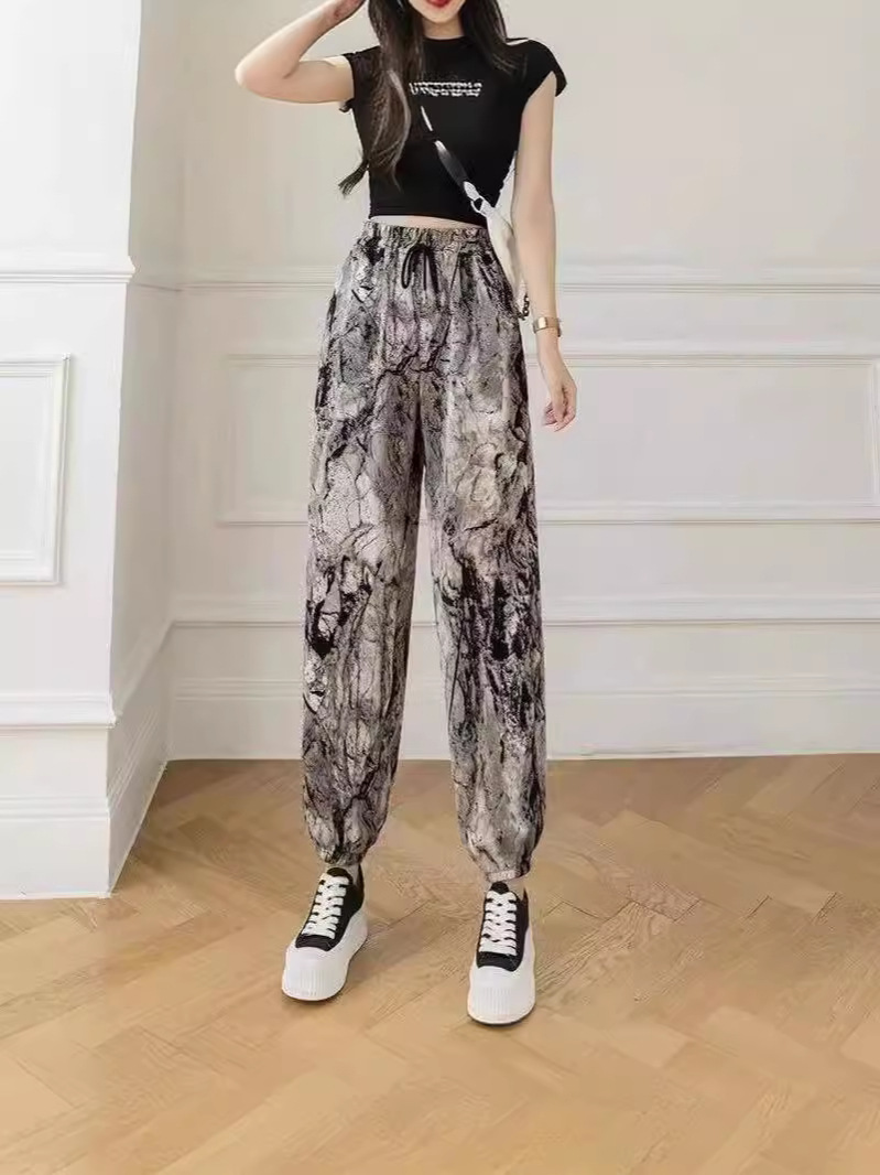 Summer Ice Silk Women's Pants Printed Ankle Pants Beach Cool Pants Ice Silk Pants Small All-match Ankle Pants Women