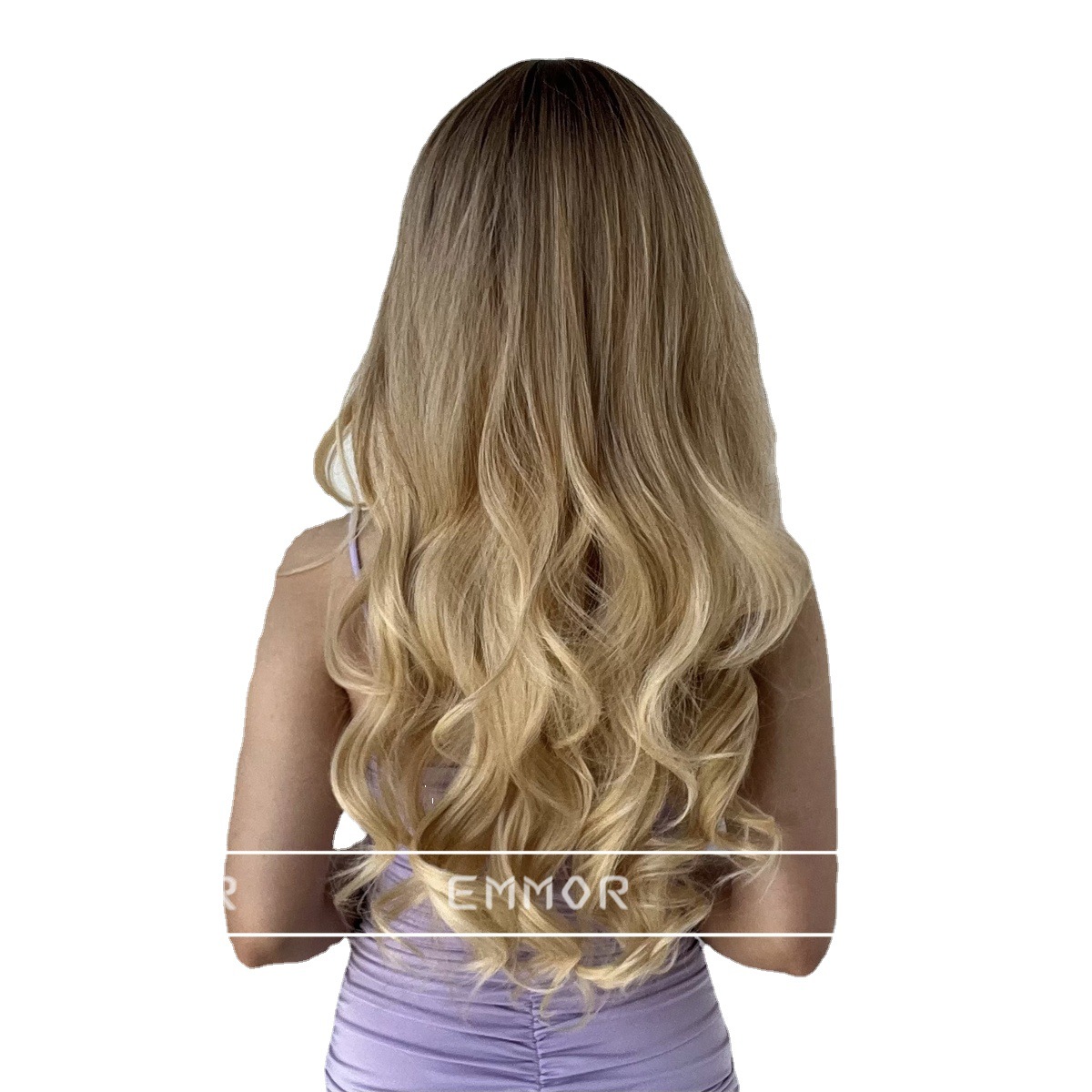 Cubierta de cabeza completa de comercio exterior transfronterizo europeo y americano Negro Gradiente Dorado Bangs largo pelo rizado Peluca de onda grande para las mujeres