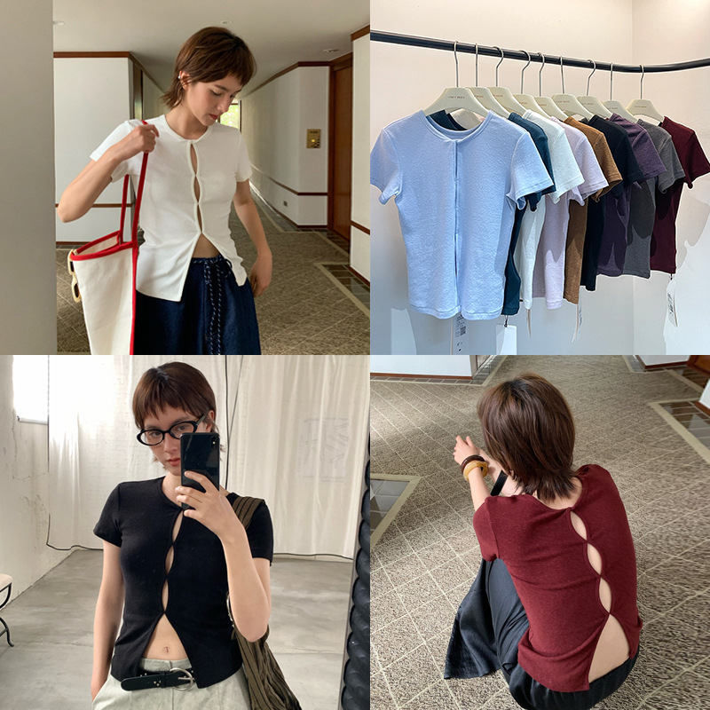 【 30% off Special Offer No Returns 】Unity Mode Two-Way Wear Hollow-Out Knitted Short Sleeve T-Shirt Hot Girl Style Top for Women