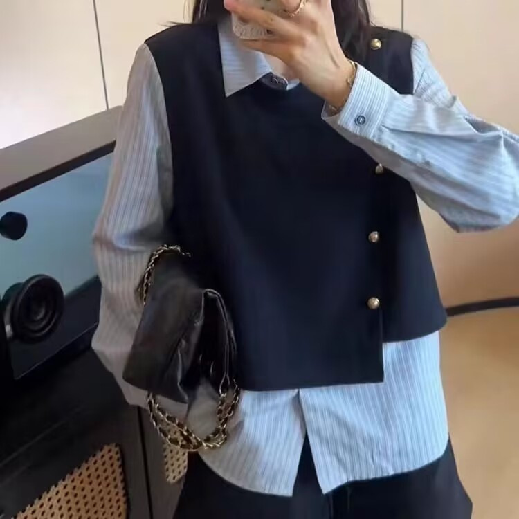 2025早秋新款大码女装条纹衬衫拼接上衣洋气显瘦假两件打底衬衣女|undefined